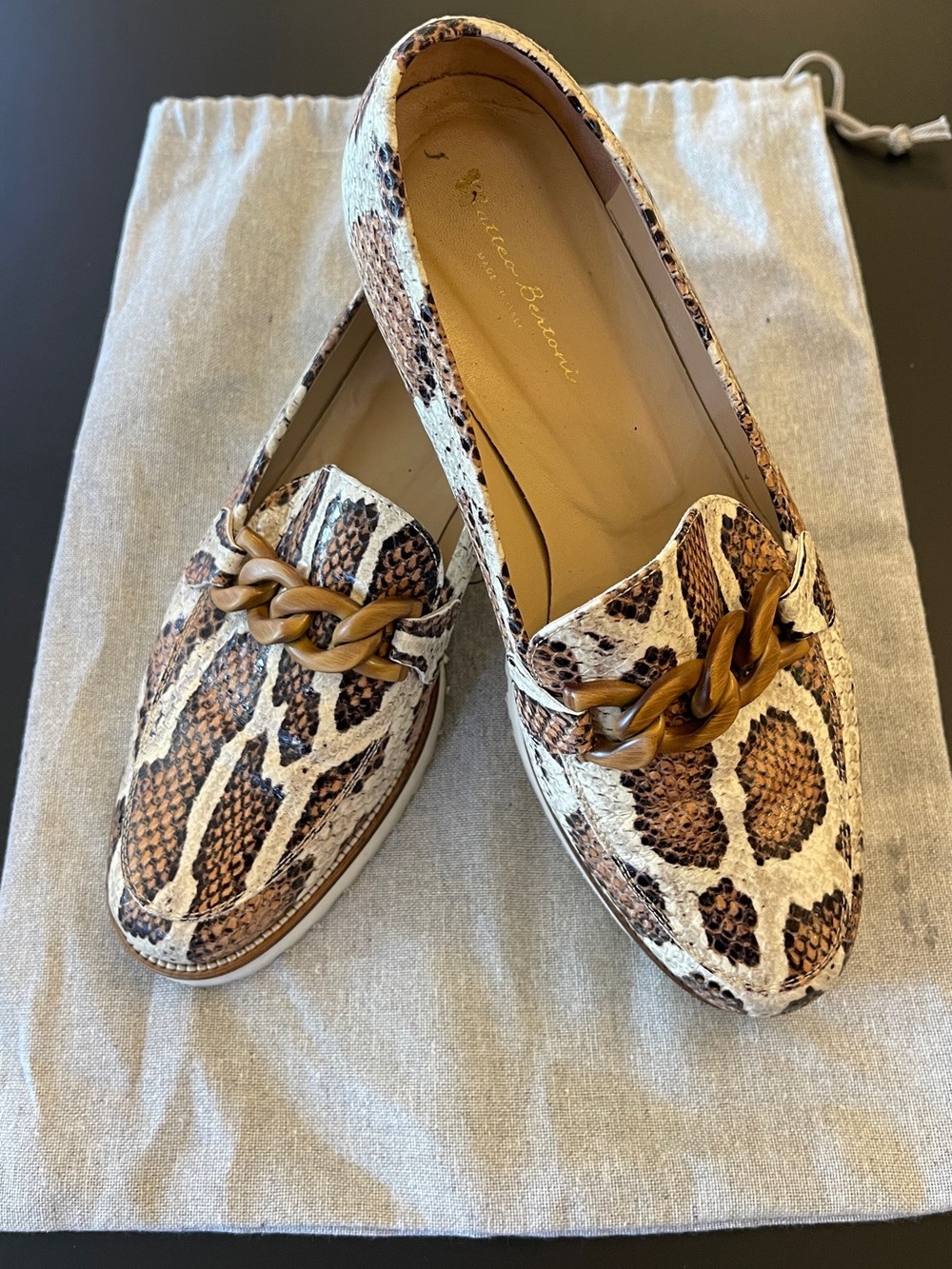 Snake-Print Chain-Trim Loafers in Brown and Cream